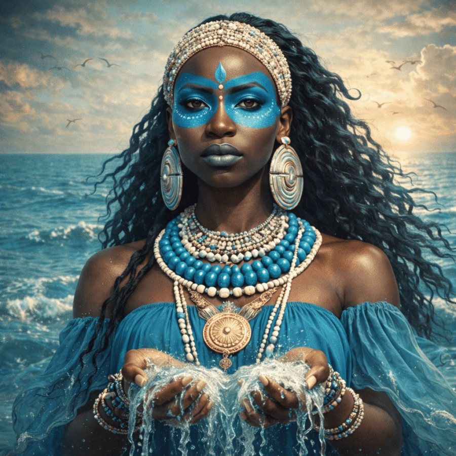 Musa africana com maquiagem azul, joias e roupas tradicionais na praia ao pôr do sol em uma imagem artística.