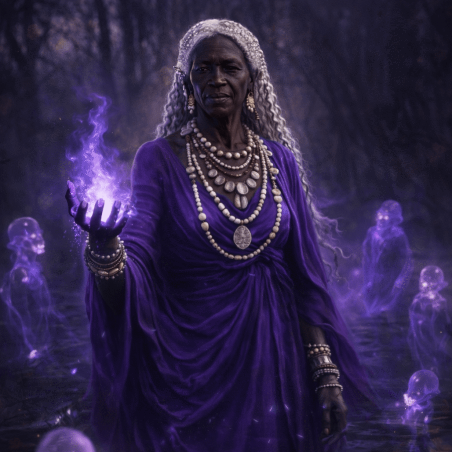 Feiticeira negra com joias e vestido roxo, conjurando energia mágica com seres etéreos ao fundo.