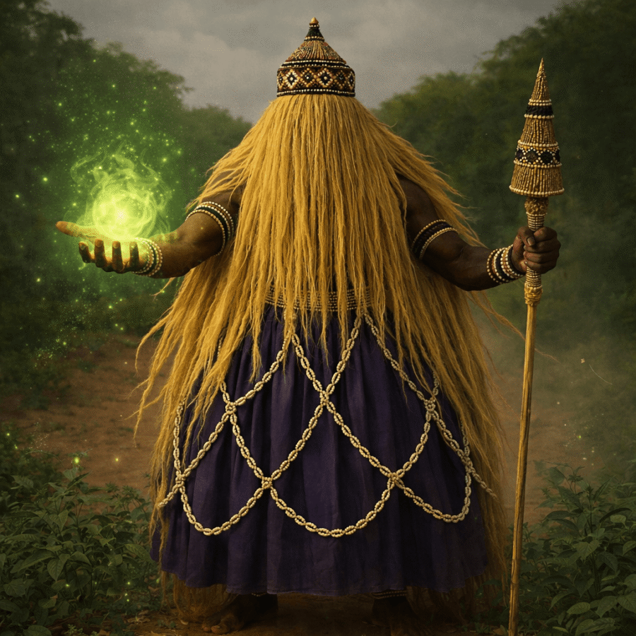 Feiticeira tribal africana com adereços e magia verde, símbolo de rituais tradicionais africanos.